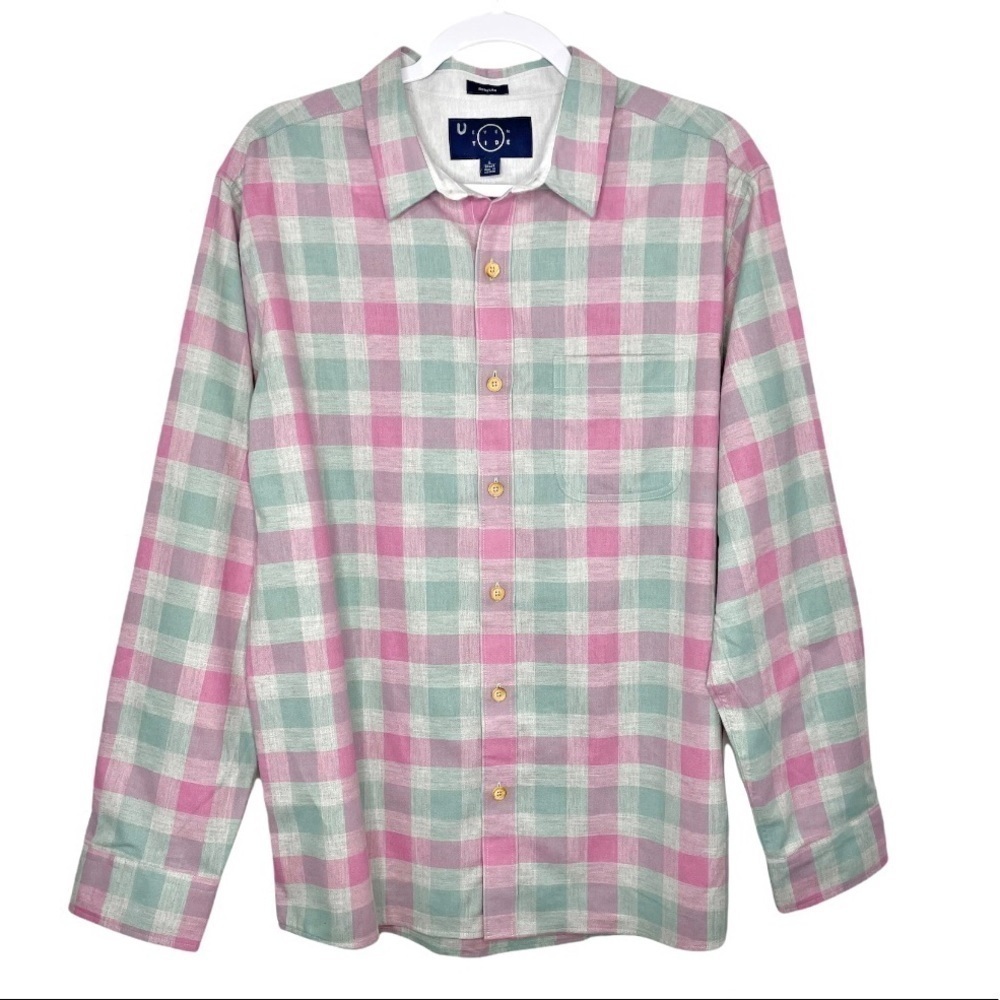 Stitch Fix Even Tide Brushed Cotton Linen Resort Shirt Plaid Pink &‎ Green NWT